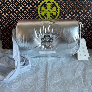Tory Burch Britten Metallic Puffy Convertible Crossbody Bag Silver